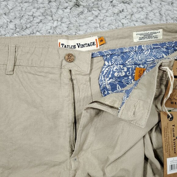 Tailor Vintage Greenwich Chino Shorts Stretch Khaki Linen Size 38 Beige Tan - Picture 3 of 8